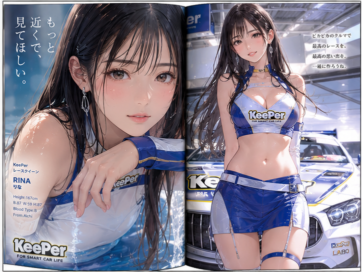 レースクィーン雑誌の見開きページを作成。 接写あり。 日本人モデル。 スタイルを変えて4枚作成。 アニメイラスト調。 变体图第4张 - 绘词工坊