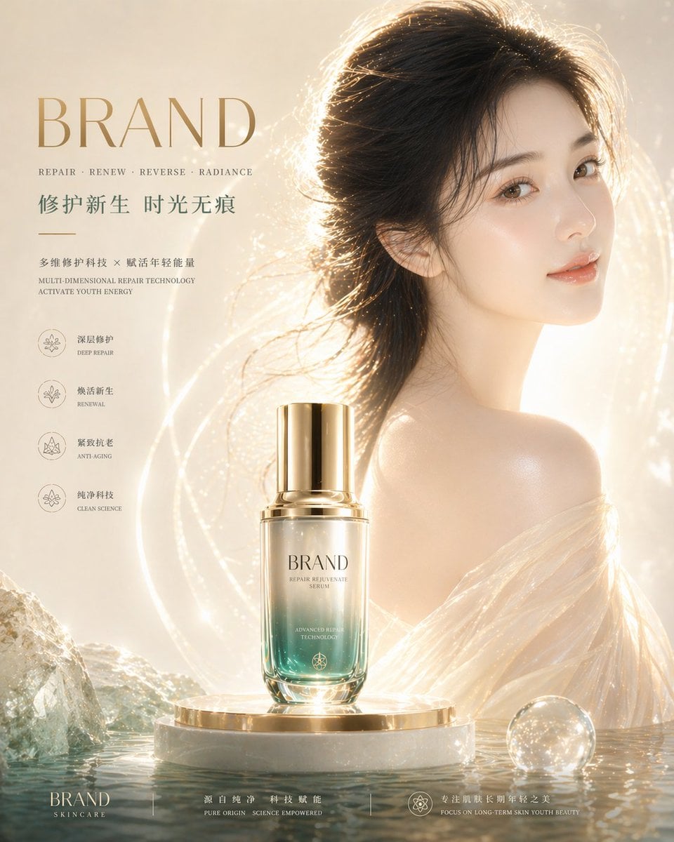 高端护肤广告：通透白皙水润光泽肌肤，8K质感商业摄影