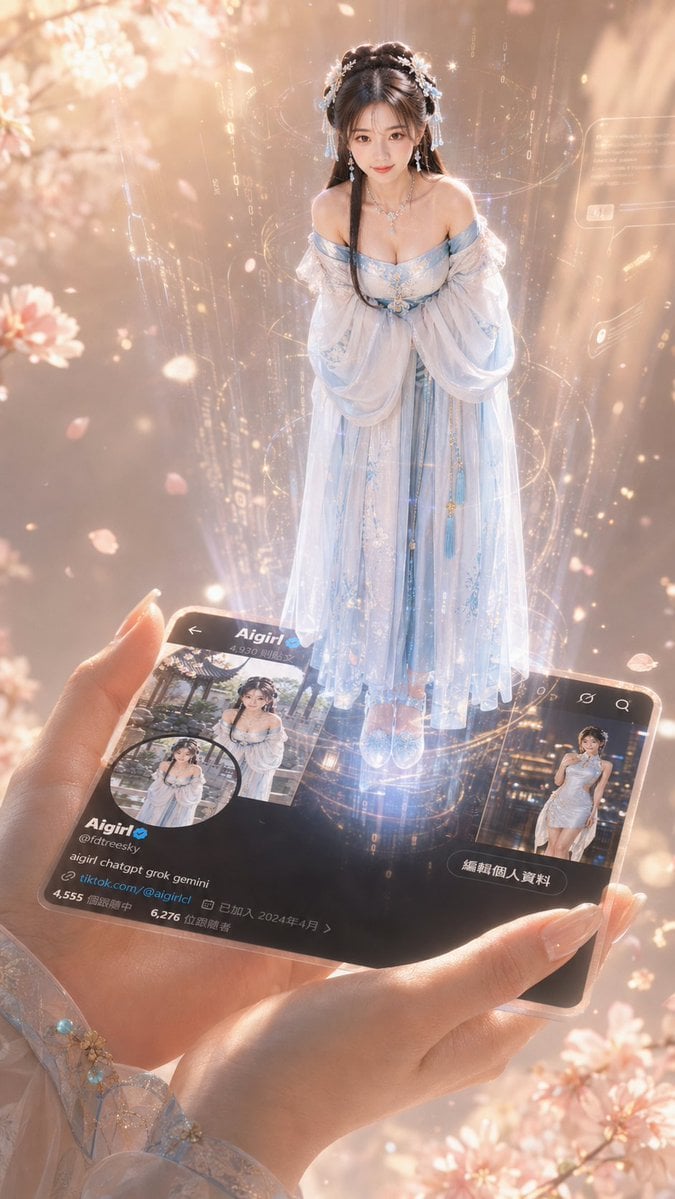 全息3D少女投影卡图：优雅手姿与数字粒子光影美学