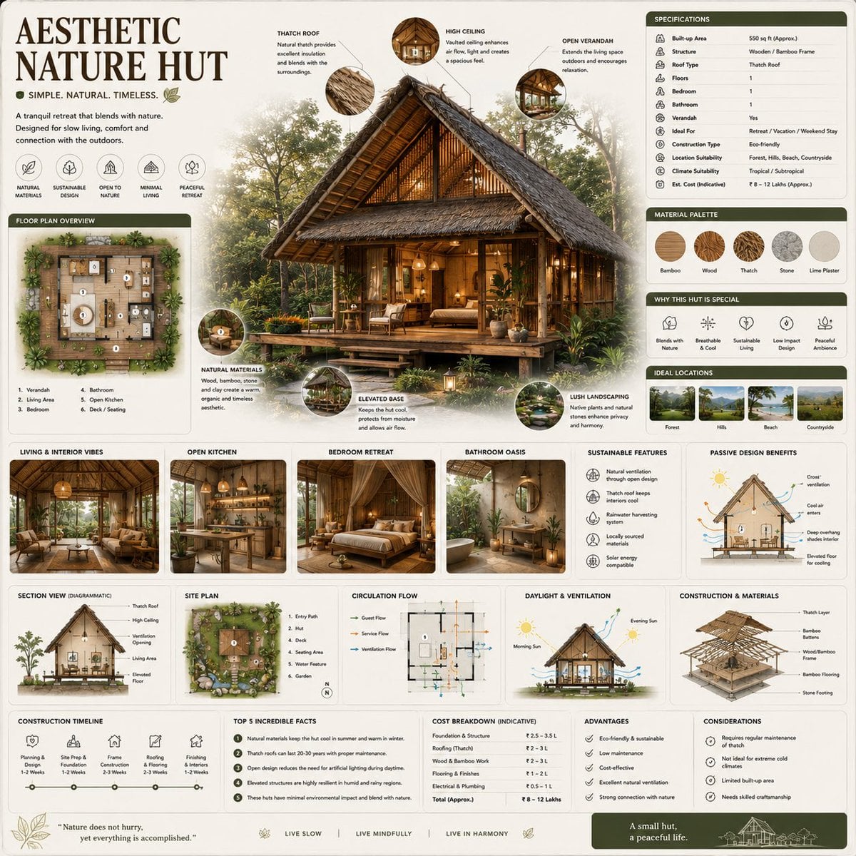 生态建筑手册：自然小屋信息图，可持续设计百科