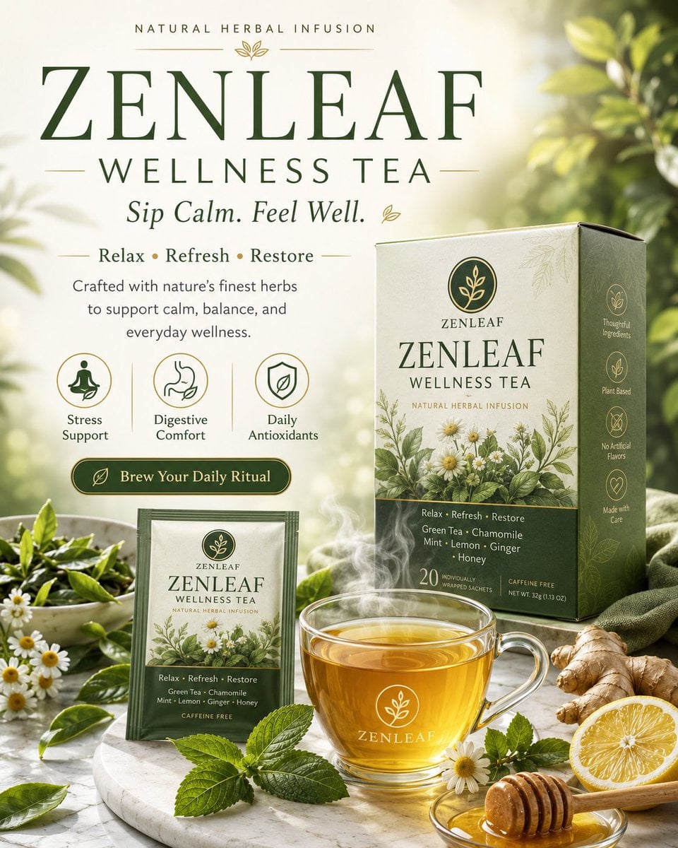 ZENLEAF健康茶广告海报设计：优雅平静的养生茶品牌视觉