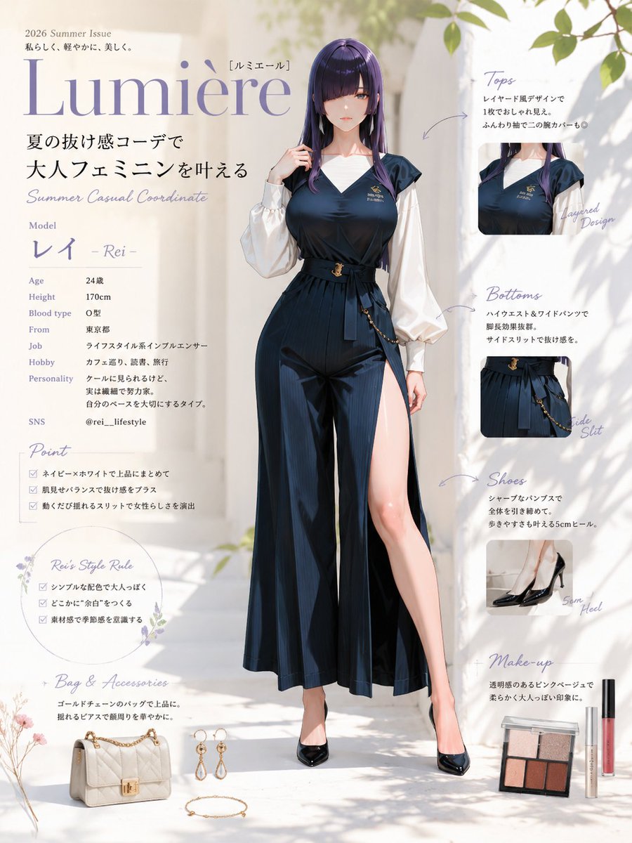 时尚女性夏季穿搭：海军蓝阔腿连身裤与白衬衫的优雅组合