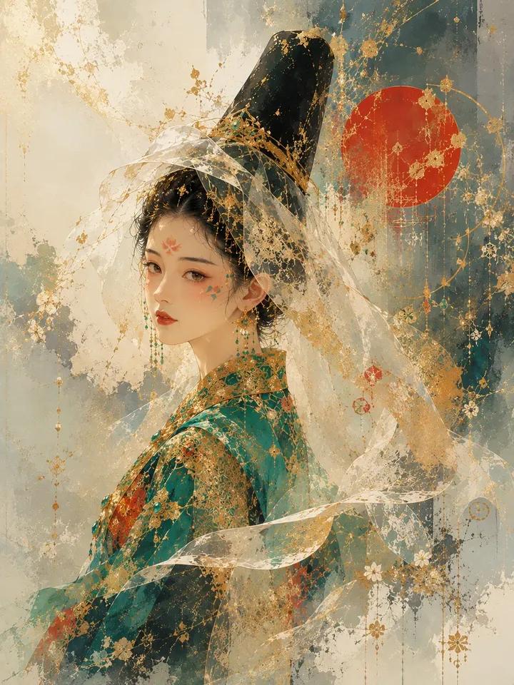 韩服公主空灵肖像：翡翠金绣与梦幻水墨的奇幻艺术