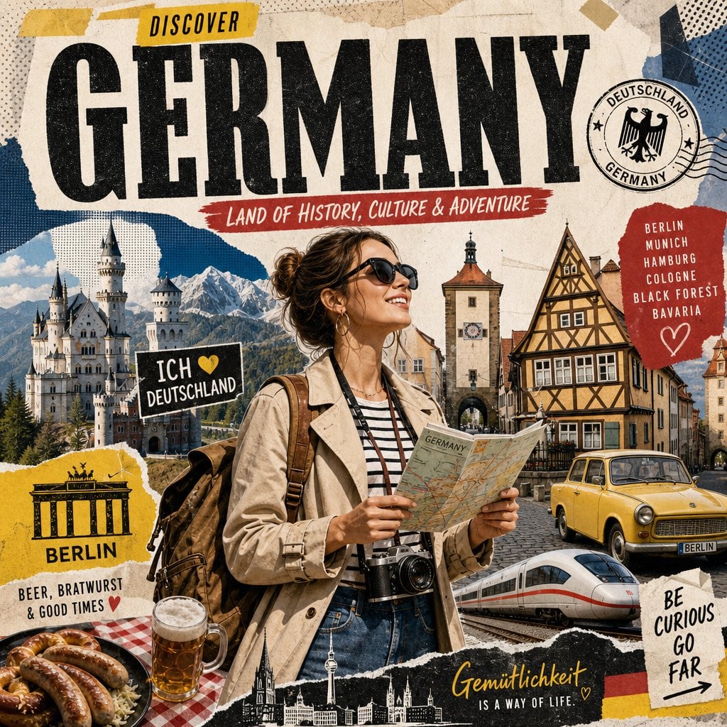 德国旅行海报设计：时尚游客探索文化与地标