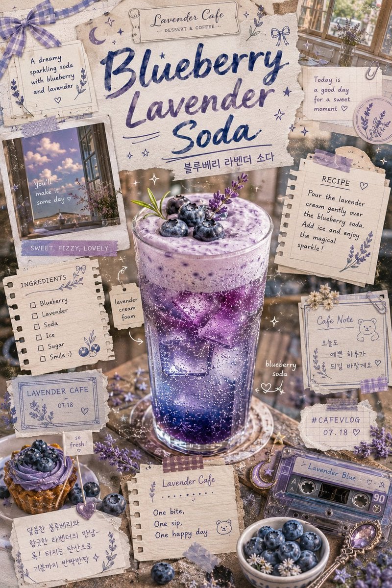 Vintage-inspired blueberry lavender soda scrapbook poster... 变体图第2张 - 绘词工坊