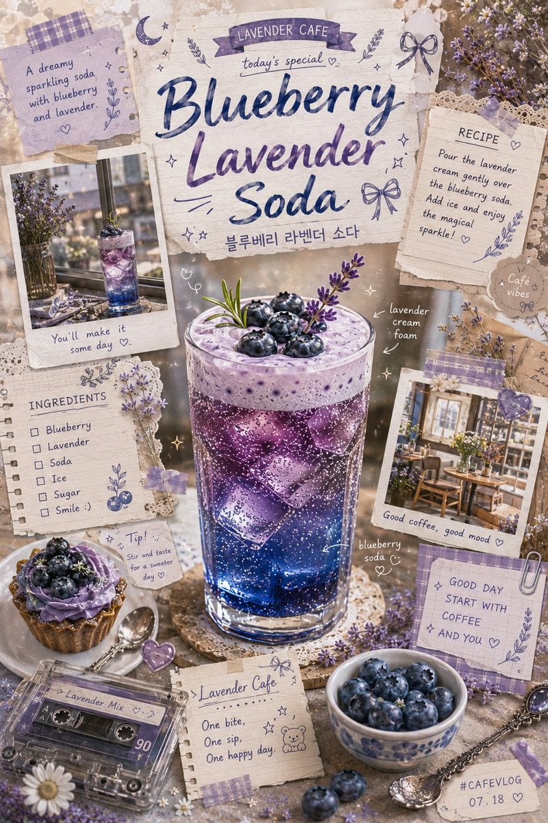Vintage-inspired blueberry lavender soda scrapbook poster... 变体图第3张 - 绘词工坊