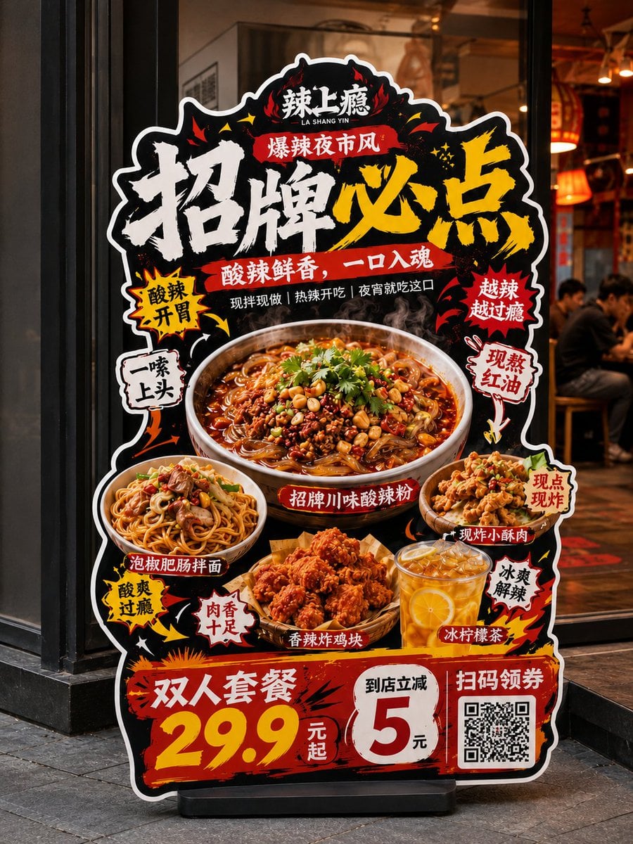 请生成一张高完成度的「餐饮异形展架 / 立牌」设计图，用于展示餐饮门店的新品推荐、招牌产品、套餐促销或品牌活动信息。 变体图第4张 - 绘词工坊