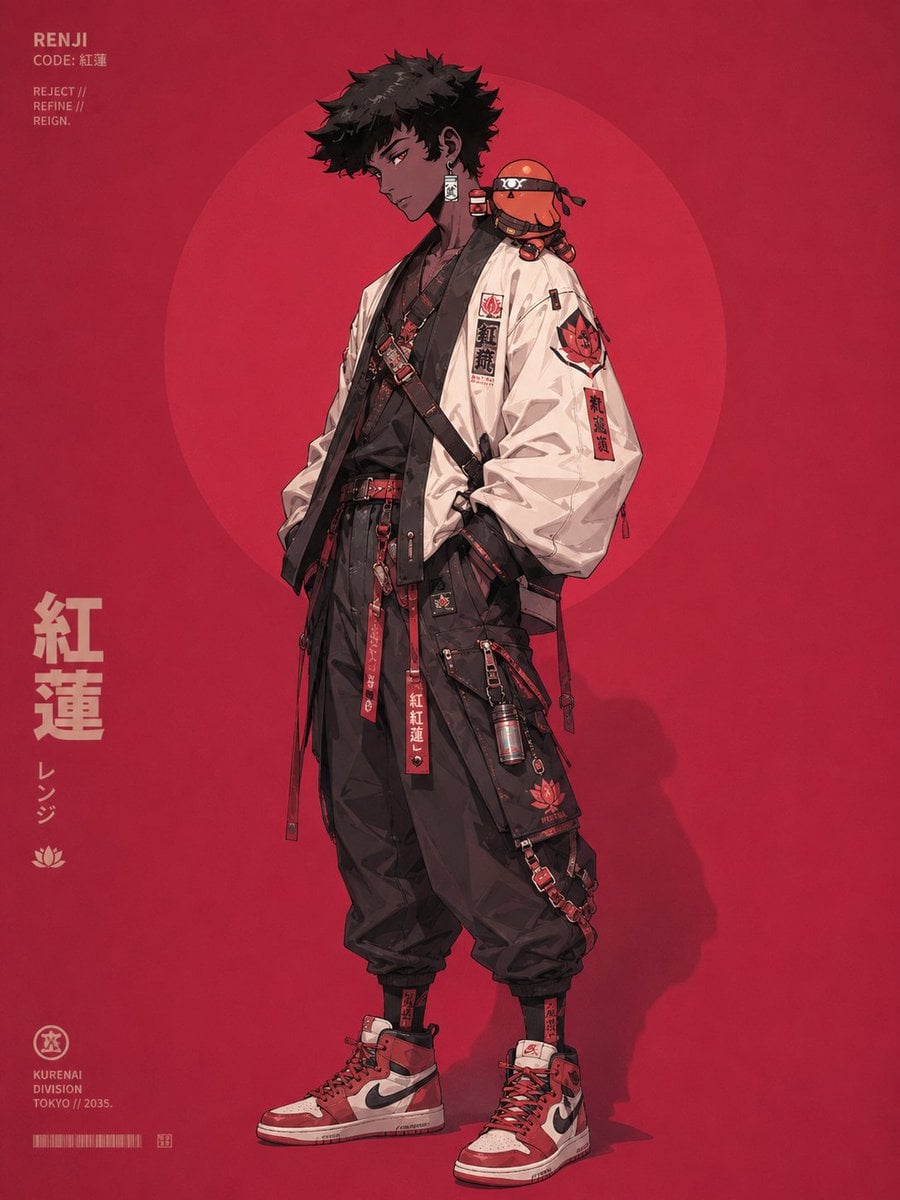 高端赛博朋克动漫风角色插画，奢侈街头服饰海报设计