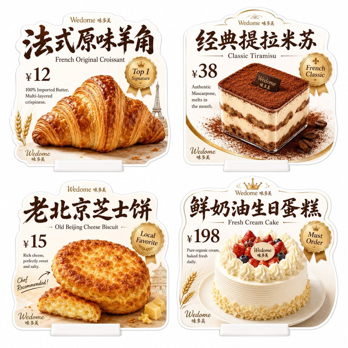 味多美门店异形桌牌展示：法式烘焙甜品菜单设计