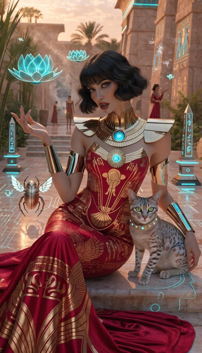埃及赛博朋克女王AI绘画提示词：复古未来主义女王与圣甲虫