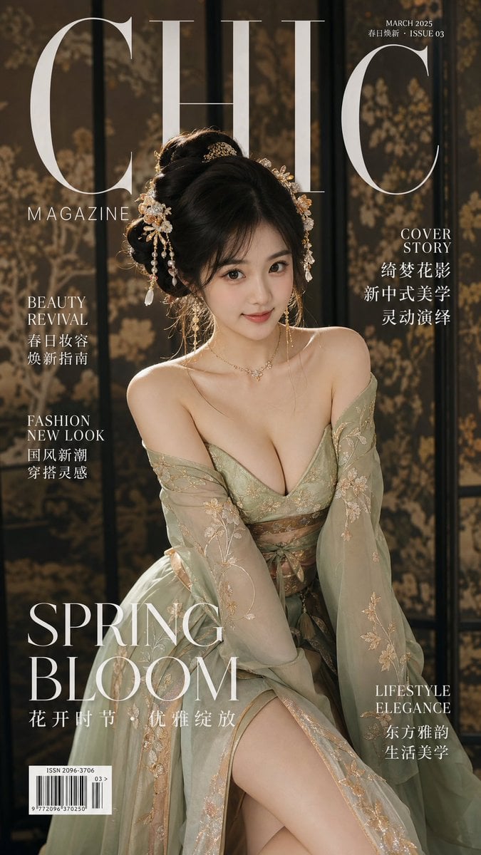 顶尖现代时尚杂志封面大片，一位20岁左右的国风美女，身着改良版华丽古装（汉服元素）。她拥有丰腴匀称的沙漏型身材，裁... 变体图第2张 - 绘词工坊