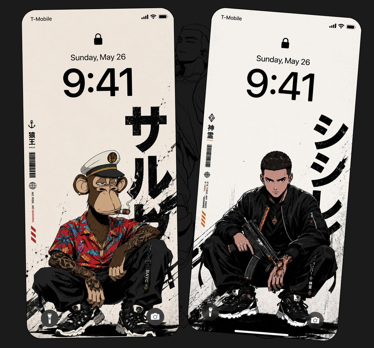 日本街头动漫锁屏壁纸设计：极简黑灰角色插画与时尚服饰