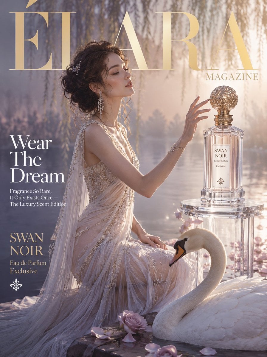 ÉLARA MAGAZINE奢华香水版：穿上梦想，天鹅与水晶瓶的梦幻封面