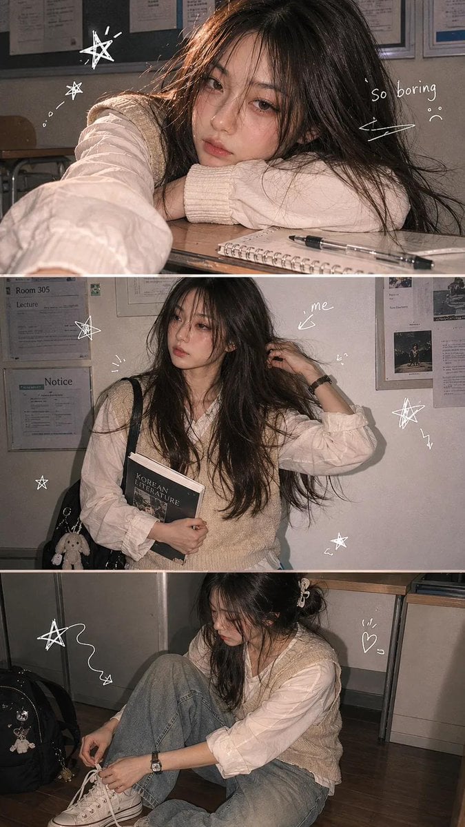 A vertical 3-panel college photo strip. The subject is a ... 变体图第2张 - 绘词工坊
