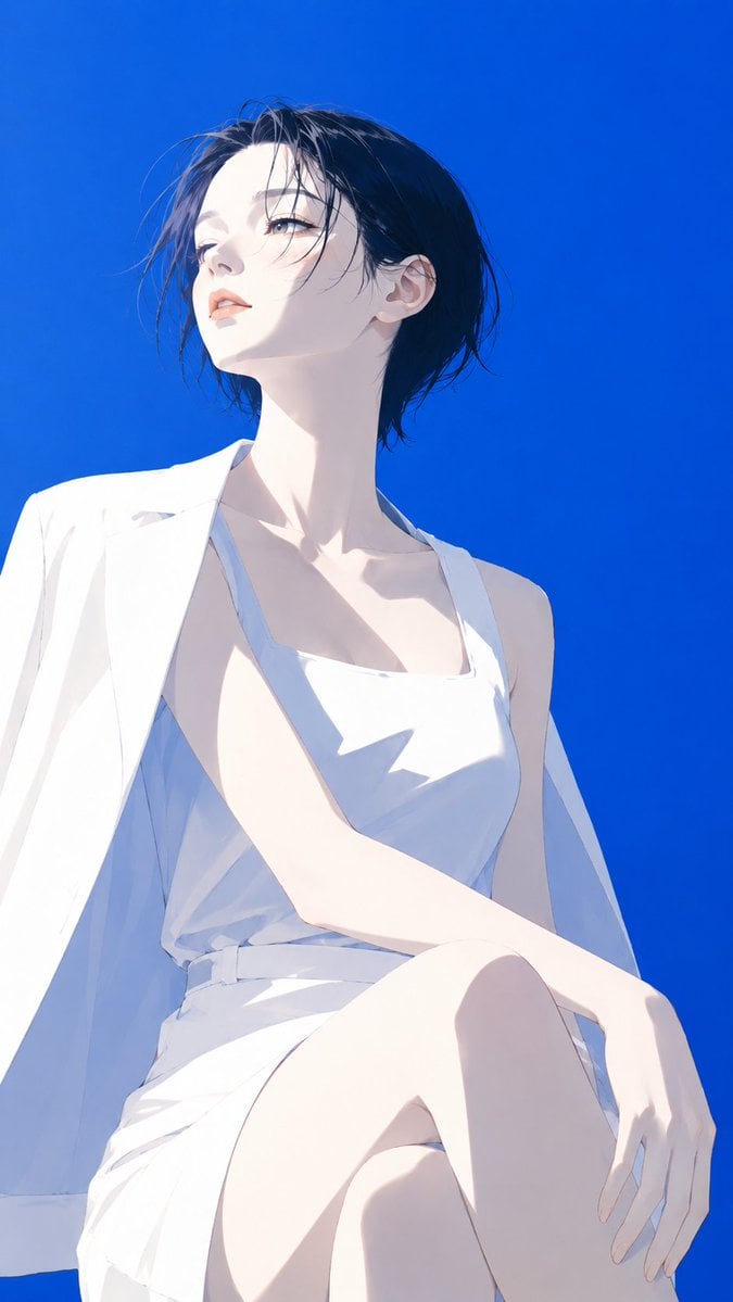 高端日系时装杂志封面感插画，主体为[韩国女孩]，极简现代时装数字插画风，精致赛璐璐上色，干净锐利的大色块塑形，几乎... 变体图第4张 - 绘词工坊