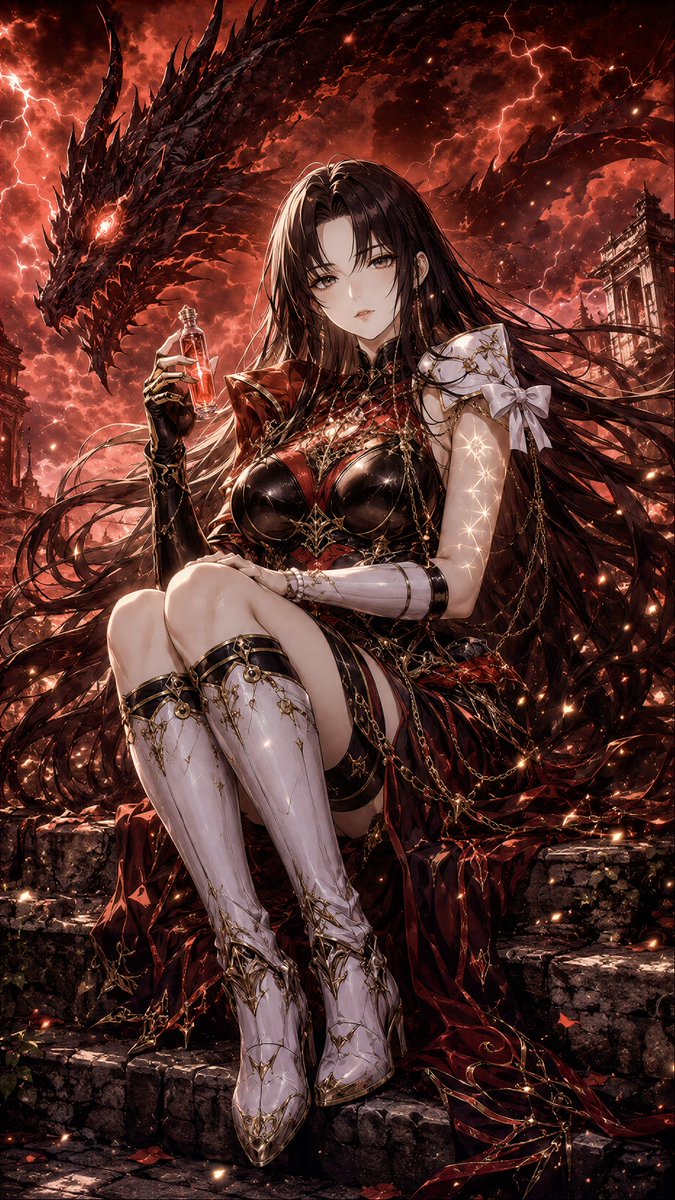 黑暗幻想动漫插图：深红风暴中持瓶龙女战士，RPG宣传级画质