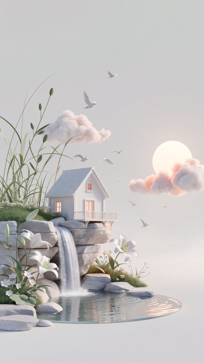 梦幻超现实3D插图：极简微缩悬崖小屋与瀑布仙境