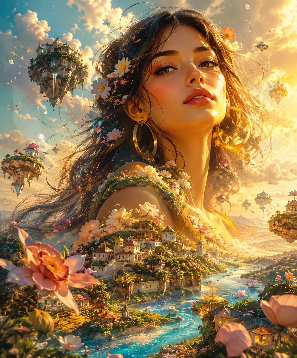 奇幻超现实插画：巨大女神与梦幻微型世界的唯美画卷