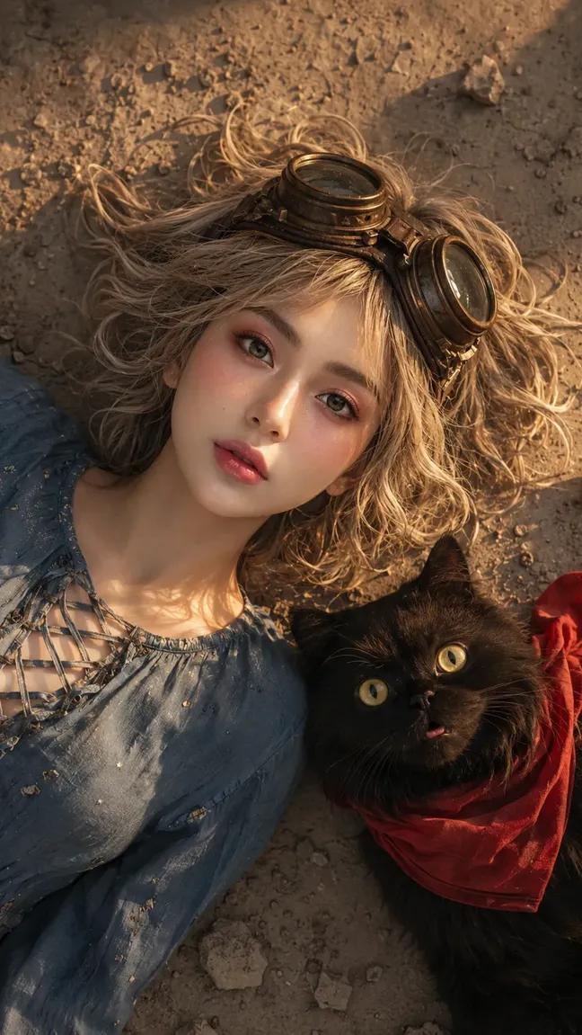 超写实复古人像：躺地少女与黑猫，电影感摄影技巧