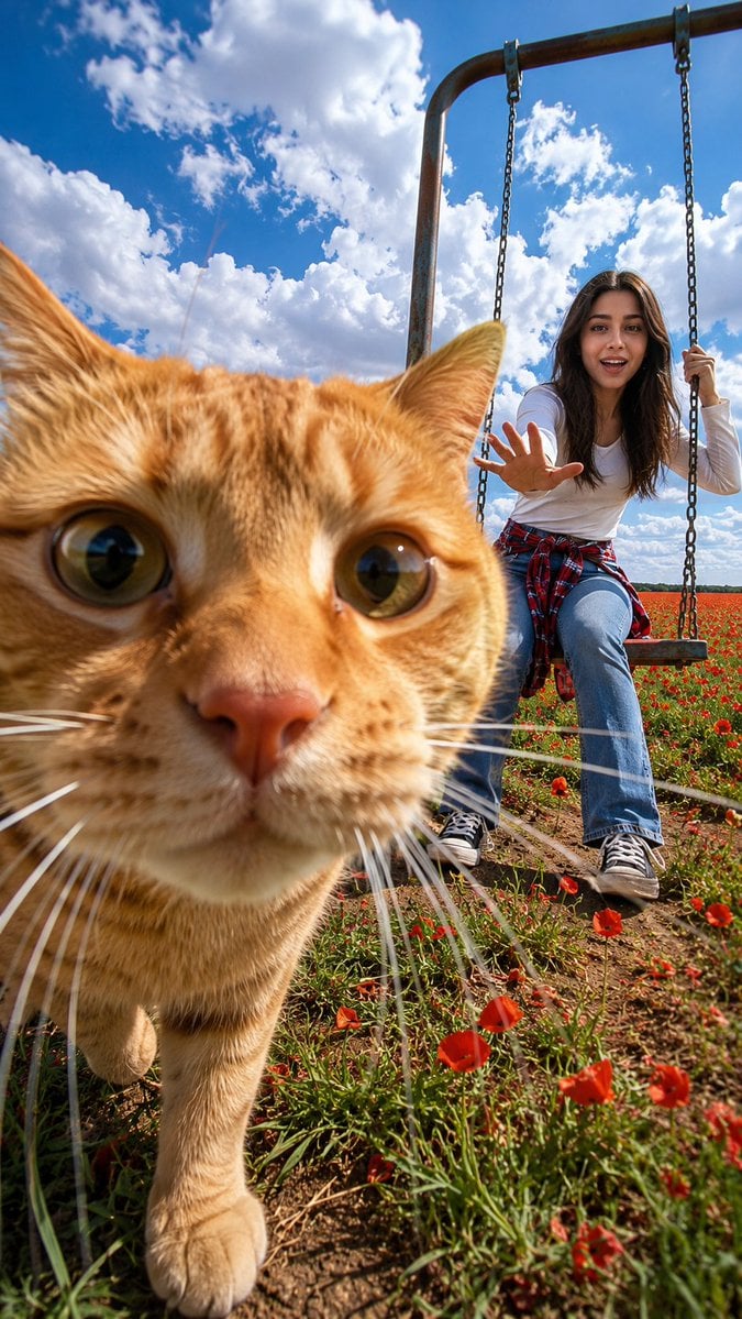 夏日花田偷拍被猫抢镜 虎斑猫意外成主角的搞笑照片