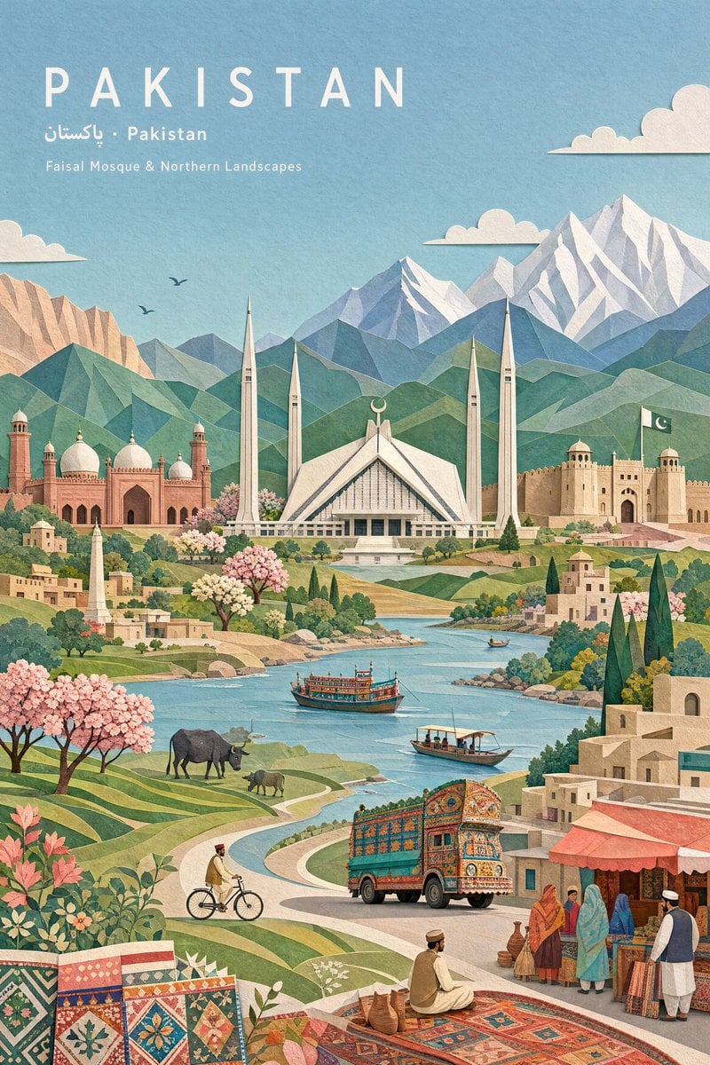 粉彩纸拼贴巴基斯坦风景插画：费萨尔清真寺与极简旅行海报风格