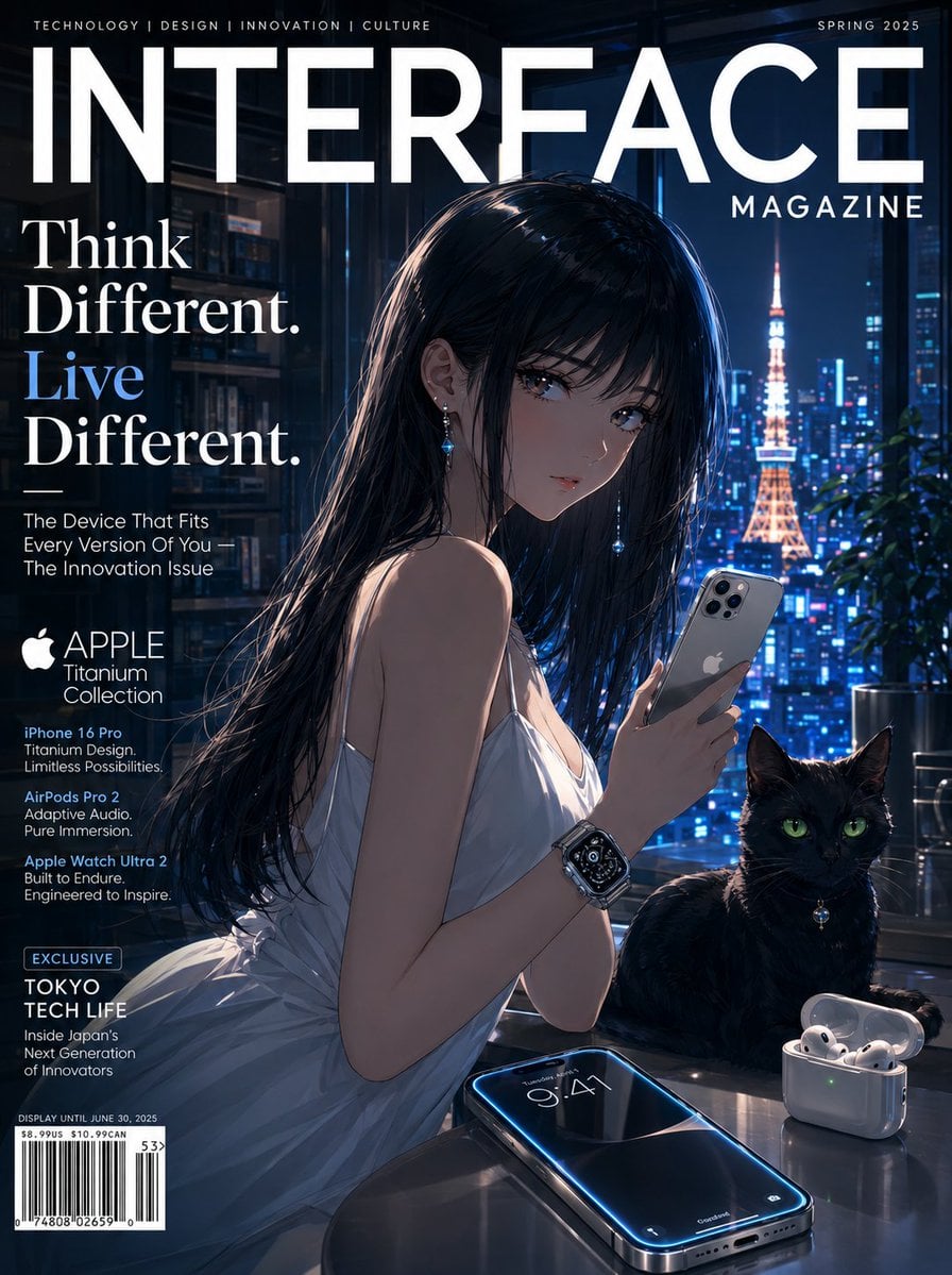动漫女孩与iPhone 16 Pro：极简东京夜景下的未来科技美学