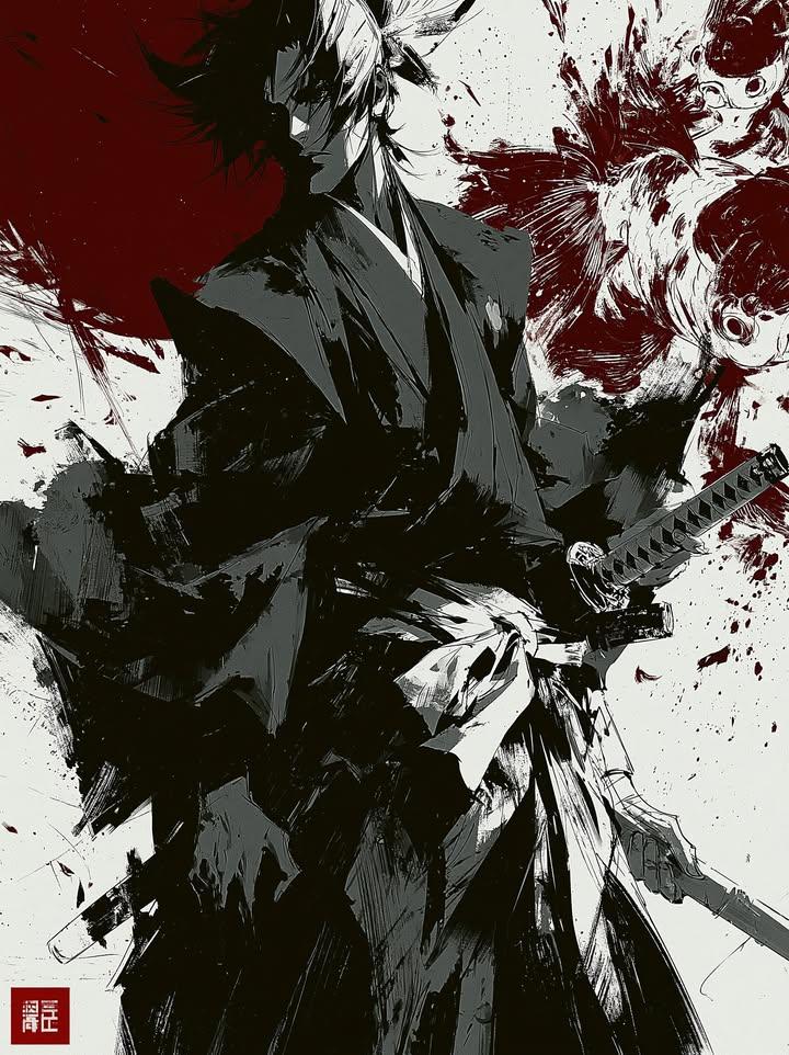 Dark ink wash painting, lone samurai warrior holding kata... 变体图第2张 - 绘词工坊