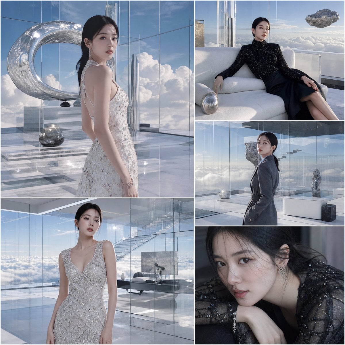 韩国女名人奢华时尚拼贴画：透明建筑豪宅中的极简美学