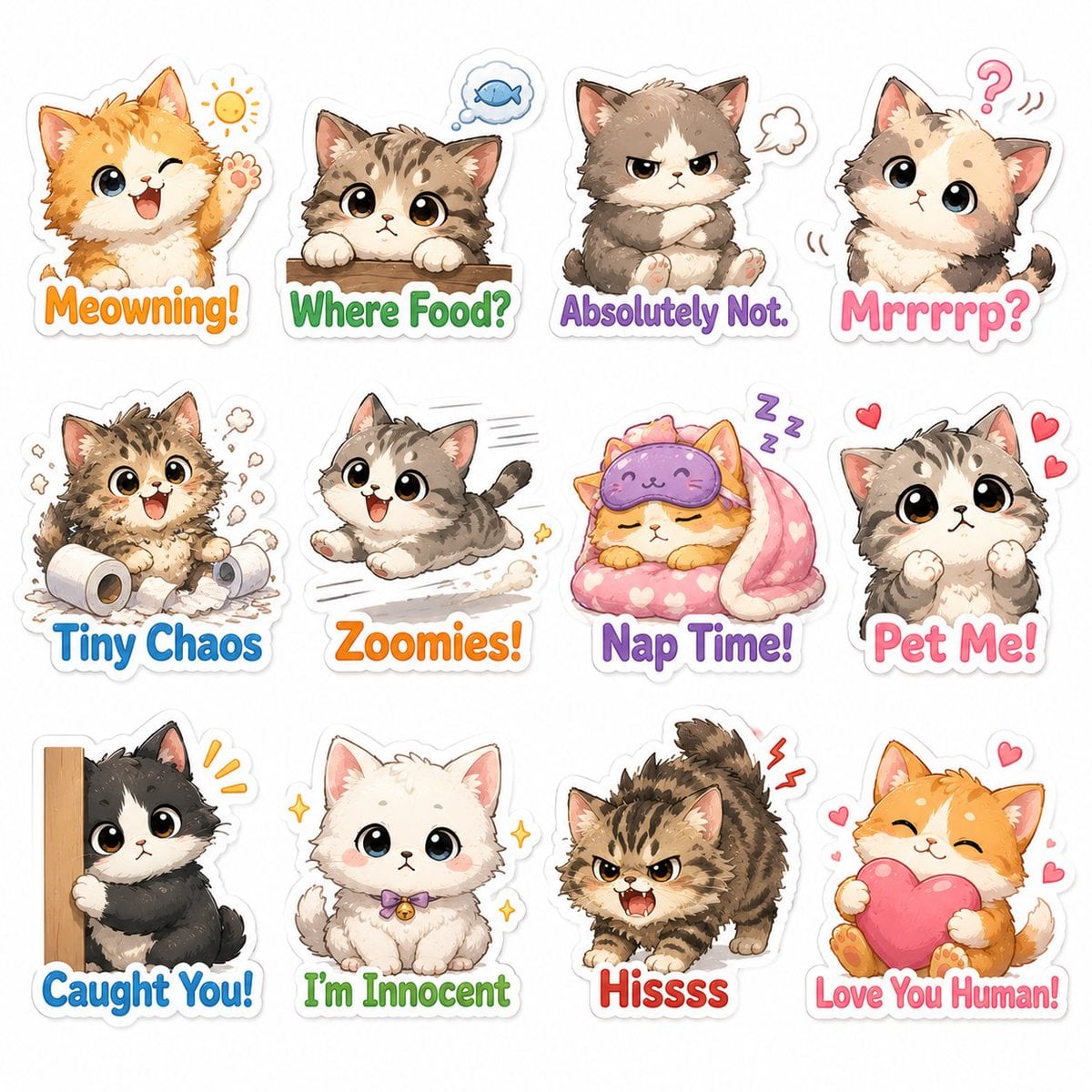 可爱Chibi猫贴纸包：蓬松小猫表情包与俏皮语录合集