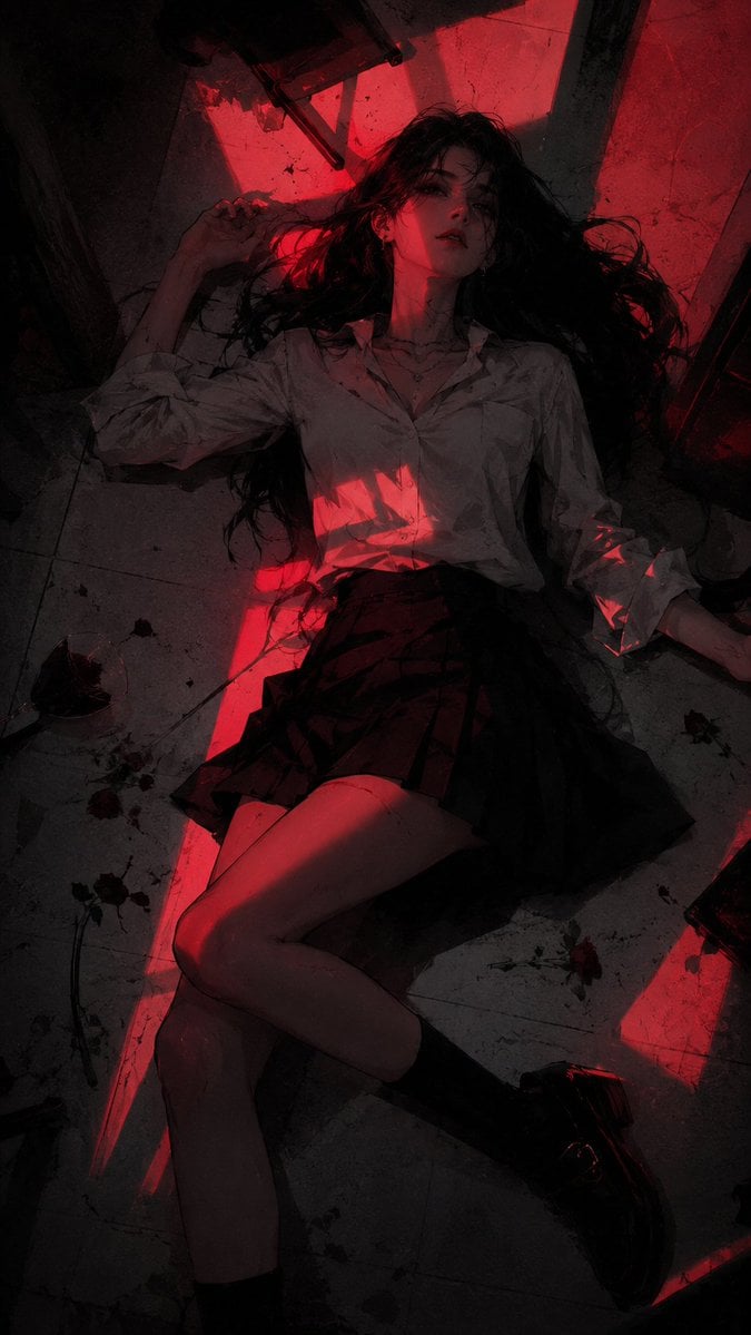 暗黑红光半写实二次元插画，主体为[xxx]，高级韩系潮流时尚海报感，黑色、深灰、暗酒红、猩红色主色，冷灰白背景，大... 变体图第2张 - 绘词工坊
