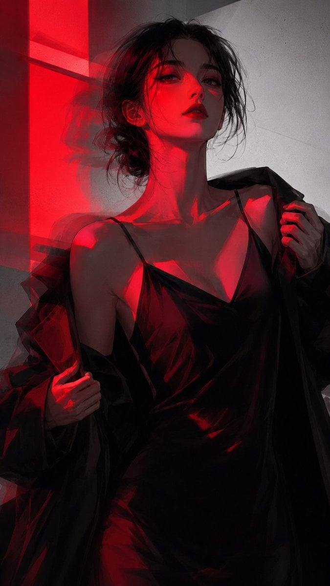 暗黑红光半写实二次元插画，主体为[xxx]，高级韩系潮流时尚海报感，黑色、深灰、暗酒红、猩红色主色，冷灰白背景，大... 变体图第4张 - 绘词工坊