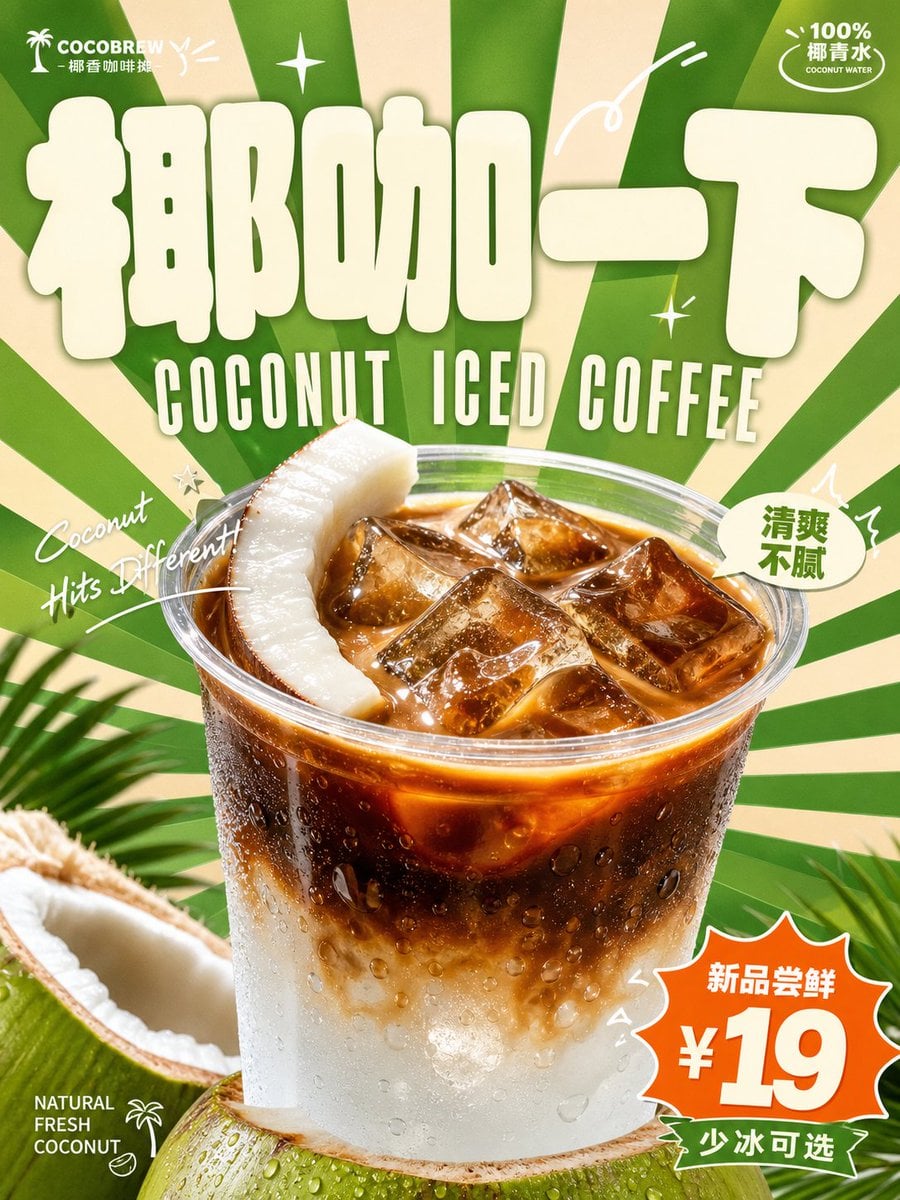 明亮轻快复古饮料广告设计：超大圆角字标与真实质感商品摄影