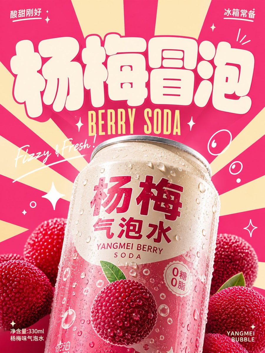 围绕具体饮料主题生成一张明亮轻快的复古商业广告视觉：画面第一眼由超大、厚实、圆角饱满的主题字标建立记忆点，字形像柔... 变体图第2张 - 绘词工坊