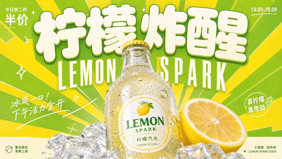 围绕具体饮料主题生成一张明亮轻快的复古商业广告视觉：画面第一眼由超大、厚实、圆角饱满的主题字标建立记忆点，字形像柔... 变体图第4张 - 绘词工坊