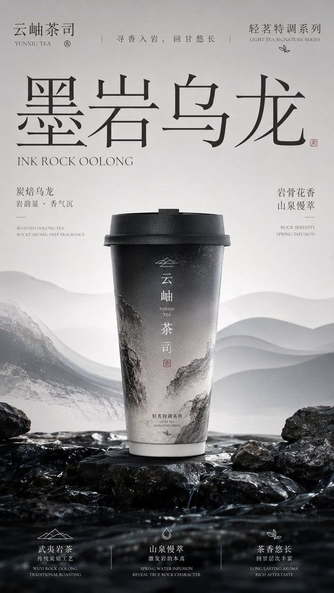 新中式茶饮品牌包装主视觉海报设计，高级东方美学9:16竖版