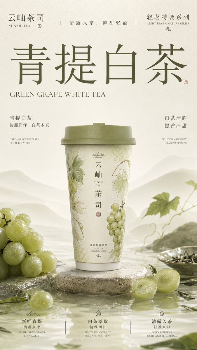 请生成一张竖版 9:16 的高级新中式茶饮品牌包装主视觉海报。每张图片独立生成，不要合并成拼图。 变体图第2张 - 绘词工坊