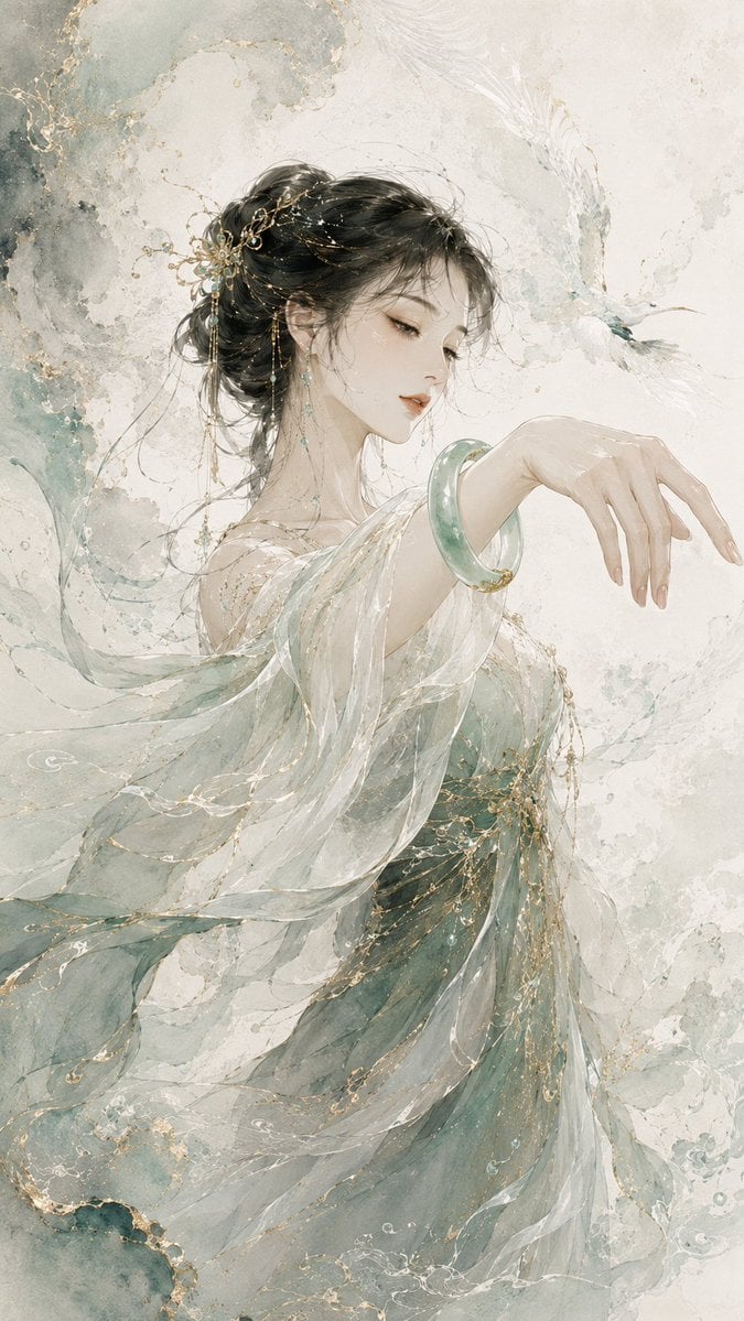 请生成一张 9:16 竖版、原创高级东方珠宝视觉海报。整体风格为东方水墨时装插画，结合高级珠宝 Campaign、... 变体图第2张 - 绘词工坊