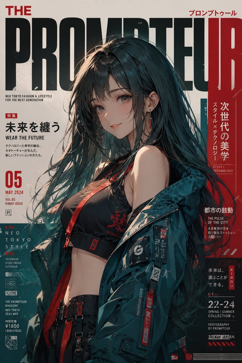 Neo东京时尚杂志封面：动漫现实主义科技女性肖像