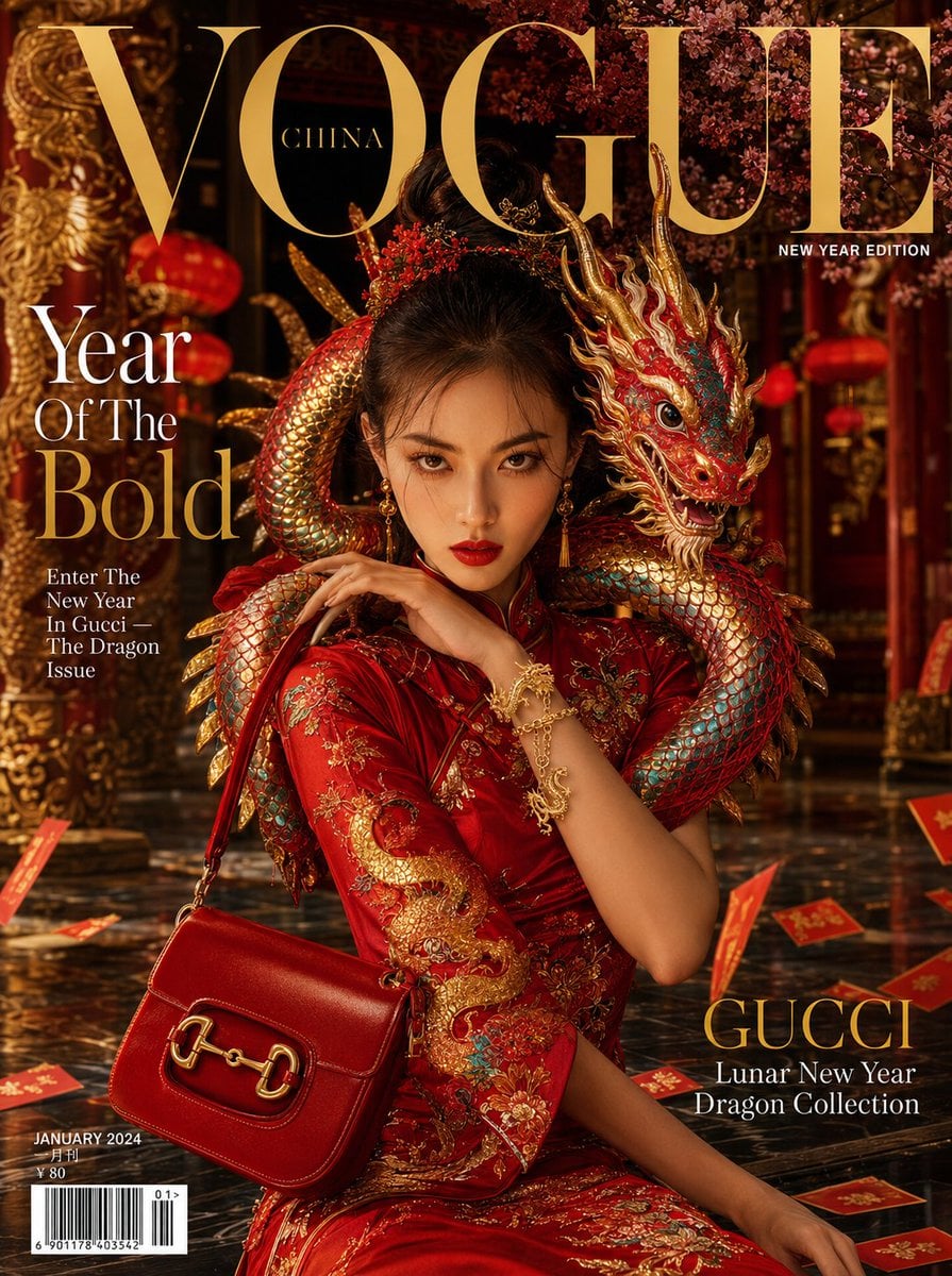 Vogue中国新年版封面：龙年奢华时尚杂志设计