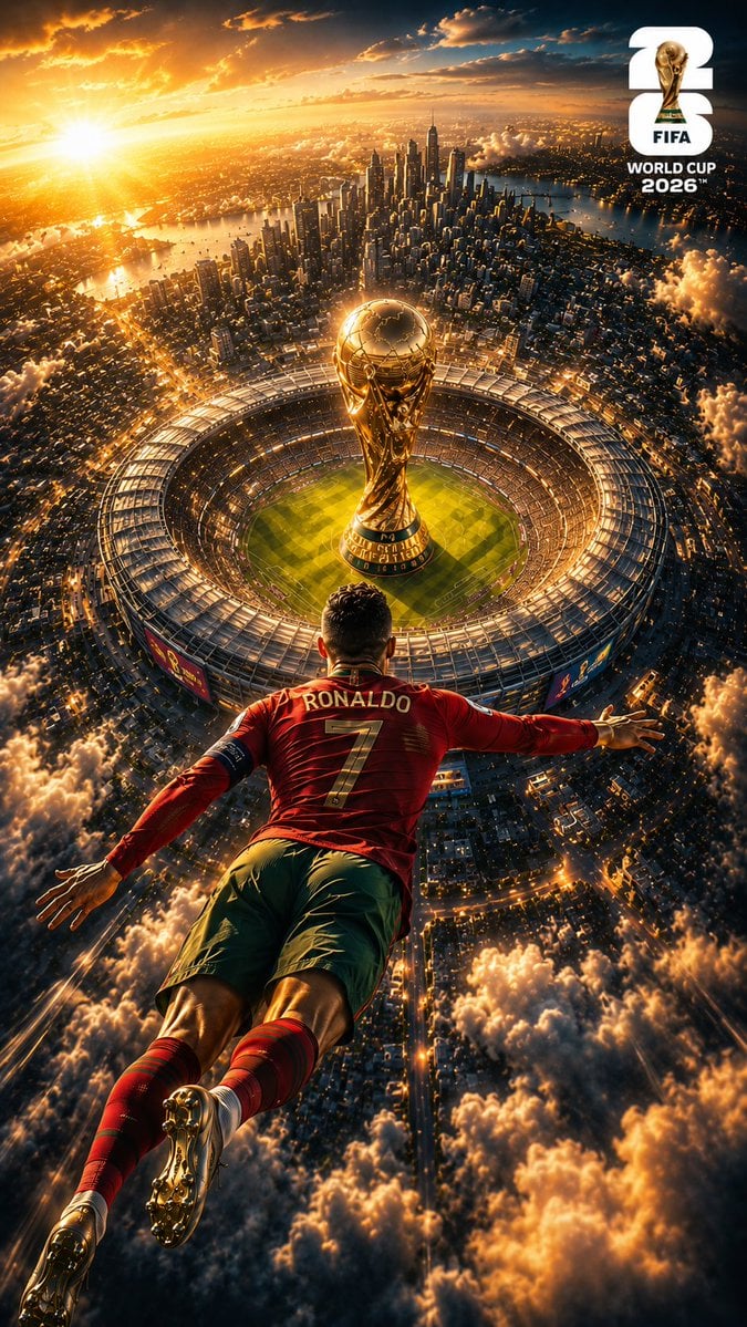 2026世界杯AI海报：传奇球员飞向巨型奖杯