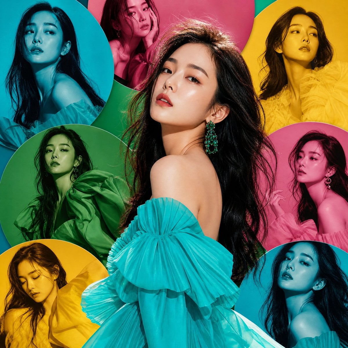韩国女性时尚艺术摄影：高级定制与彩色圆形马赛克背景