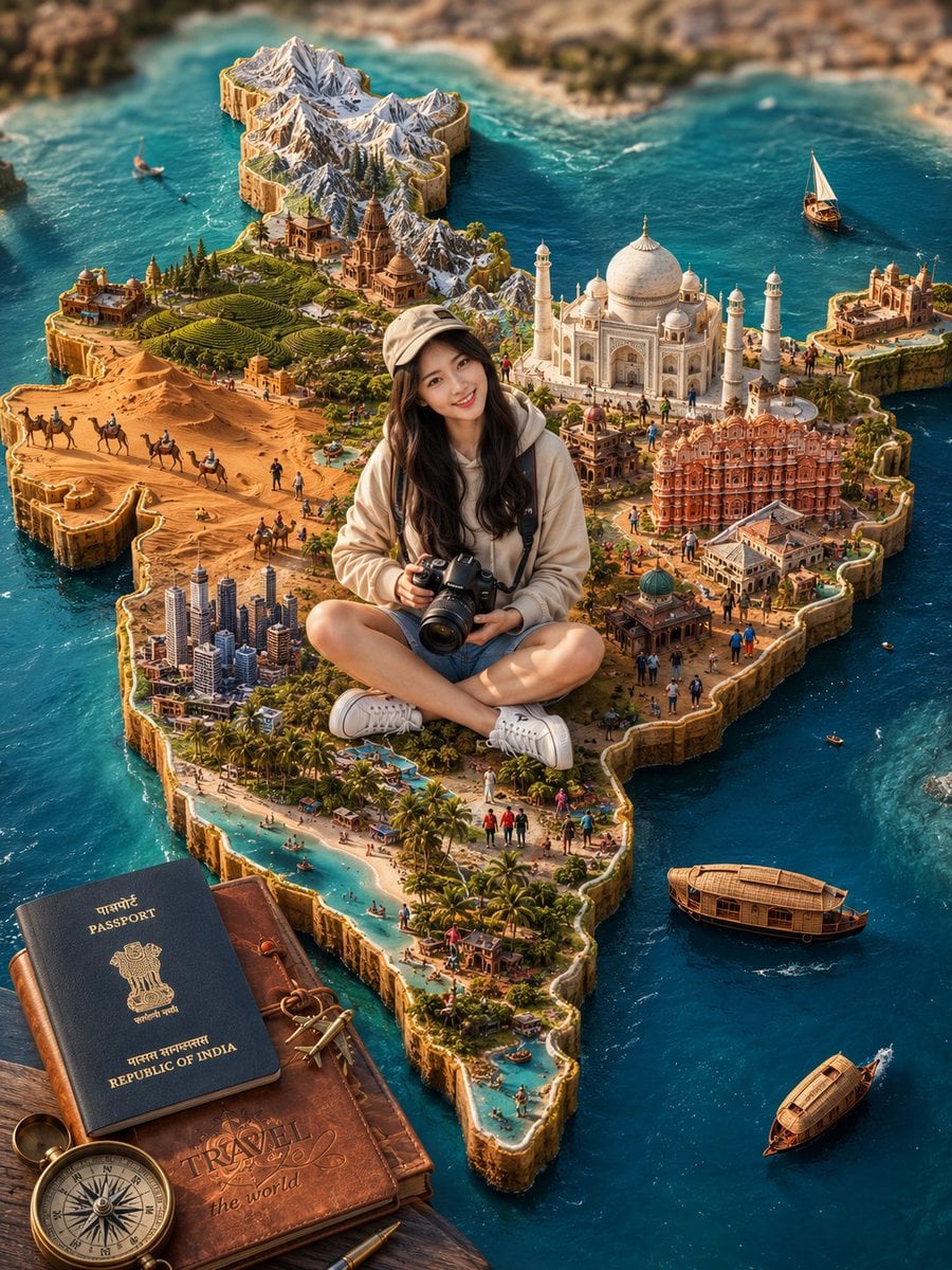 超逼真3D印度旅行立体模型：漂浮水上的奇幻地图与摄影