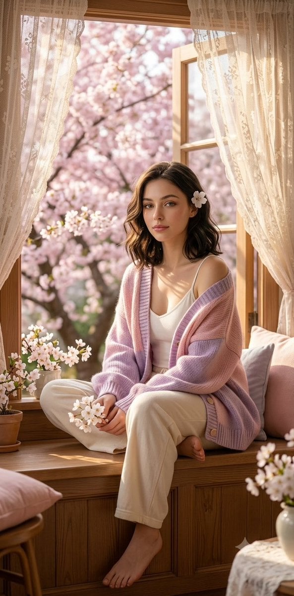 超现实春日肖像：窗边美女与樱花梦幻摄影
