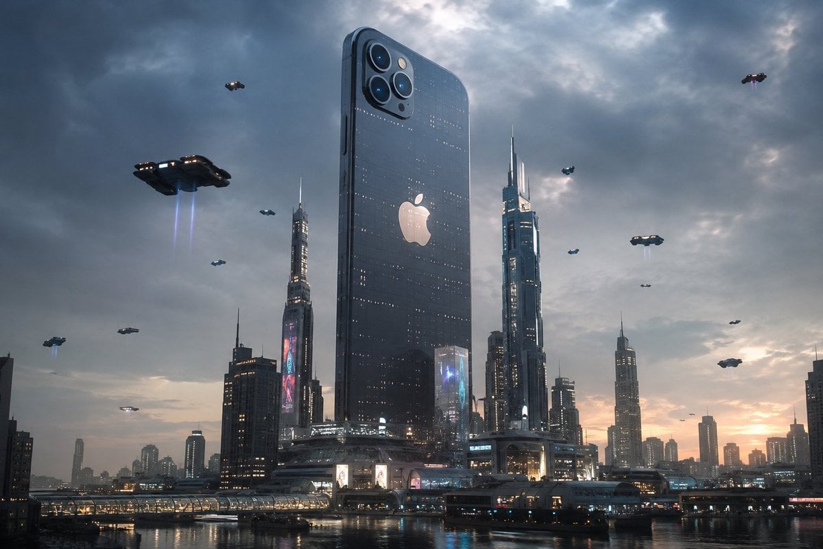 未来派城市与巨型iPhone的赛博朋克超现实建筑摄影