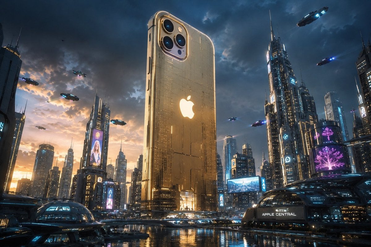 A futuristic city dominated by an enormous Apple iPhone s... 变体图第2张 - 绘词工坊