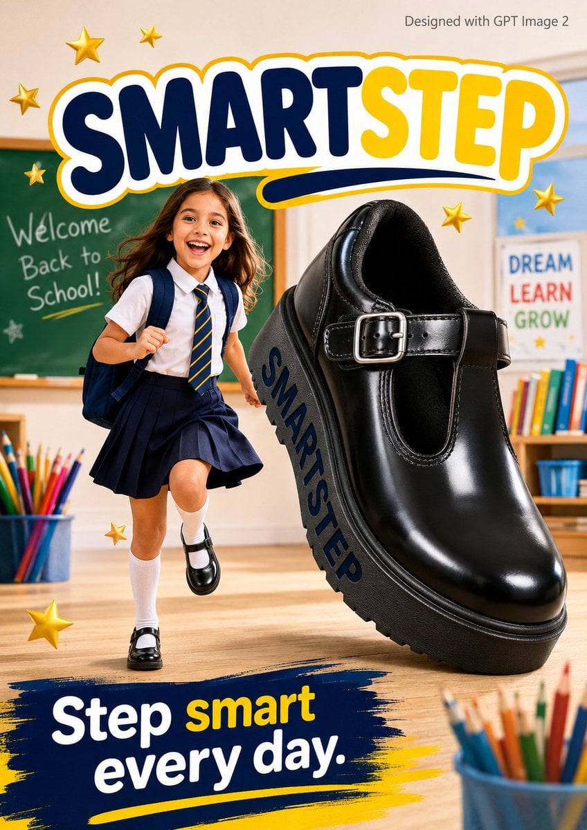 SMARTStep返校广告海报：小女孩与智能校鞋的快乐开学季