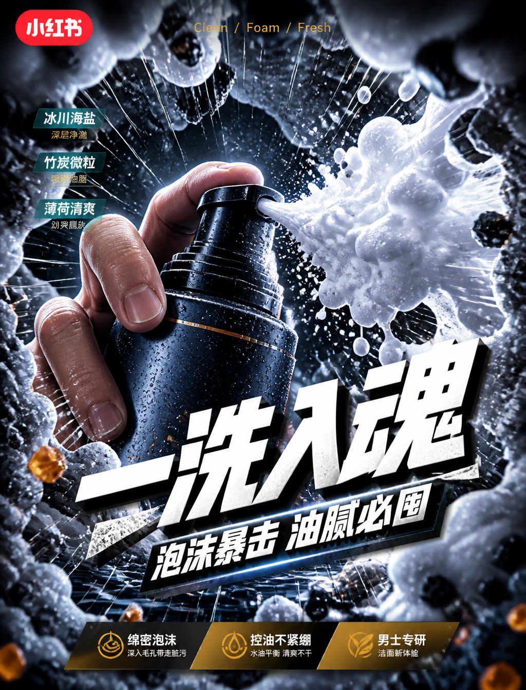 一洗入魂！男士洁面泡沫暴击，油腻必囤的深海蓝灰冷调冲击