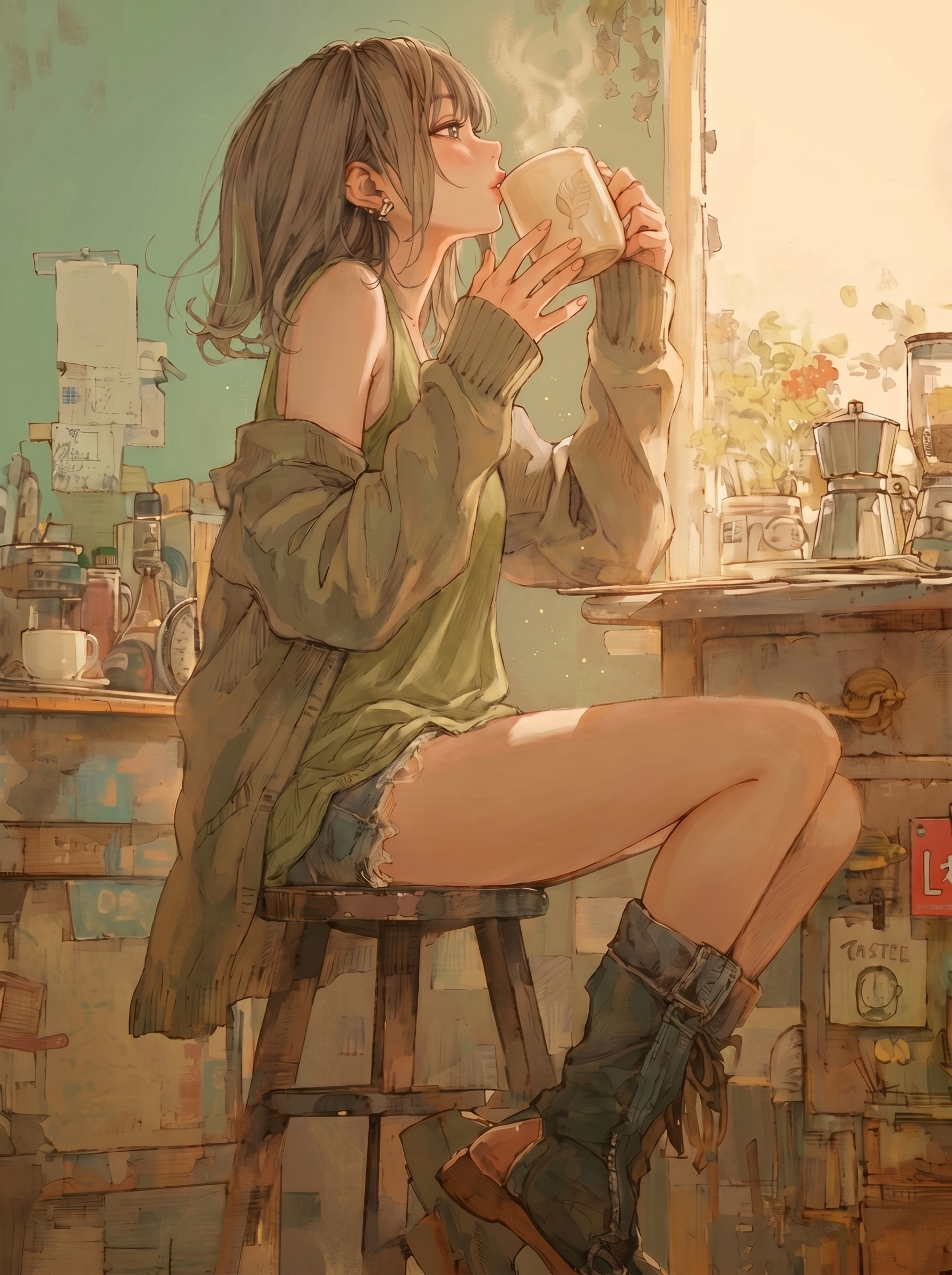 晨光中宁静的乡村女孩：柔和油画风数字插画
