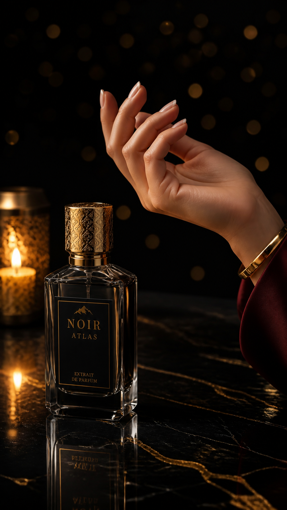 Noir Atlas超豪华香水瓶摄影：黑色大理石上的金色奢华