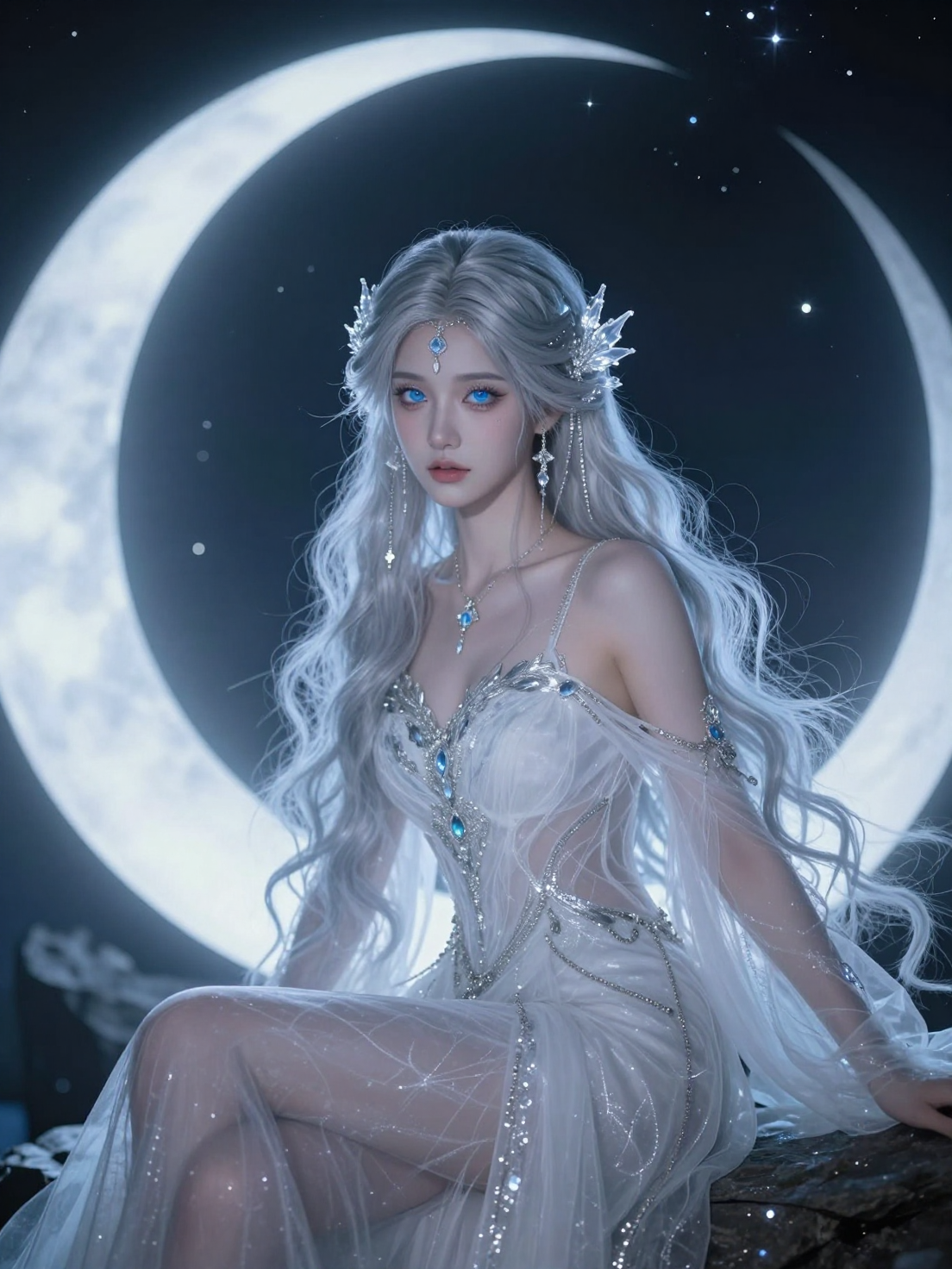 空灵冰女神超现实肖像：银色长发与新月星空奇幻艺术